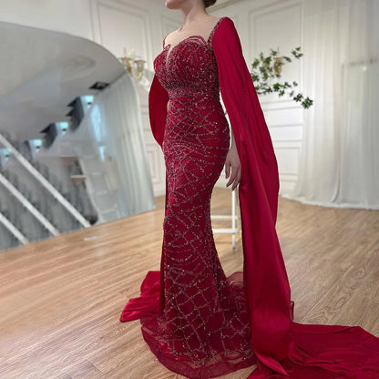 Cape Sleeves Luxury Evening Dresses Gowns Mermaid Beaded Elegant