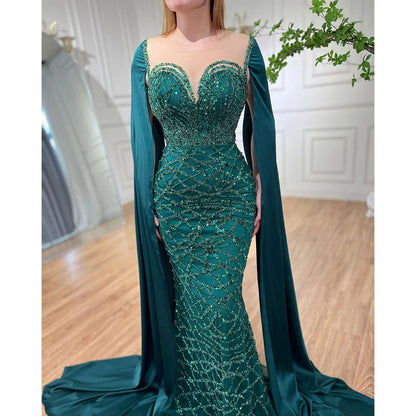 Cape Sleeves Luxury Evening Dresses Gowns Mermaid Beaded Elegant