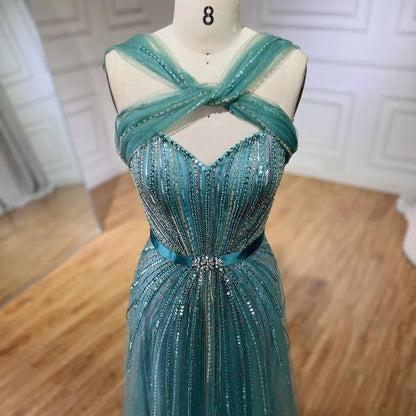 Turquoise Spaghetti Strap A-Line Luxury Evening Gown