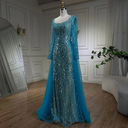 Blue Modest Elegant Mermaid Evening Dress with Overskirt