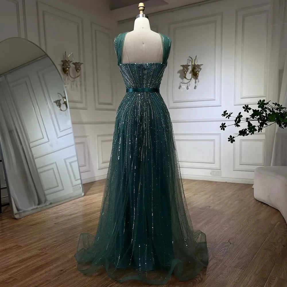 Turquoise Spaghetti Strap A-Line Luxury Evening Gown