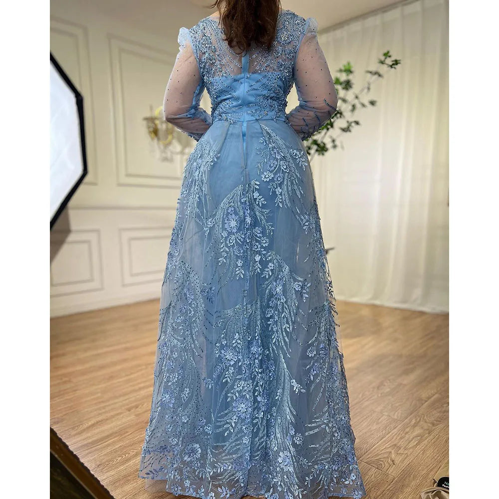 Modest Luxury Blue Beaded Mermaid Evening Gown