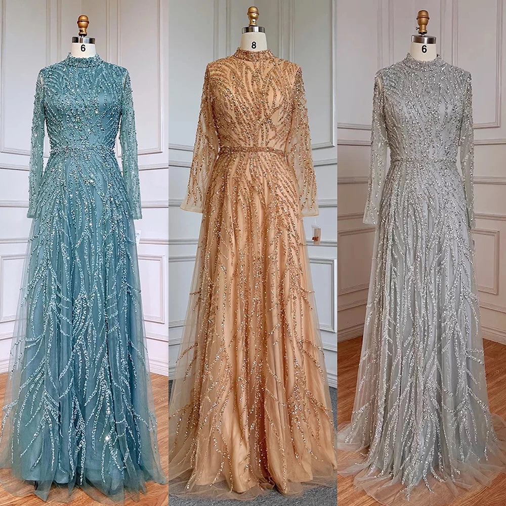 Modest Gold Mermaid Elegant Luxury Evening Dresses Gowns High Neck Beaded