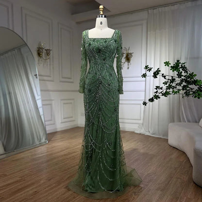 Luxury Dubai-Style Green Mermaid Evening Dress with Crystal Beading