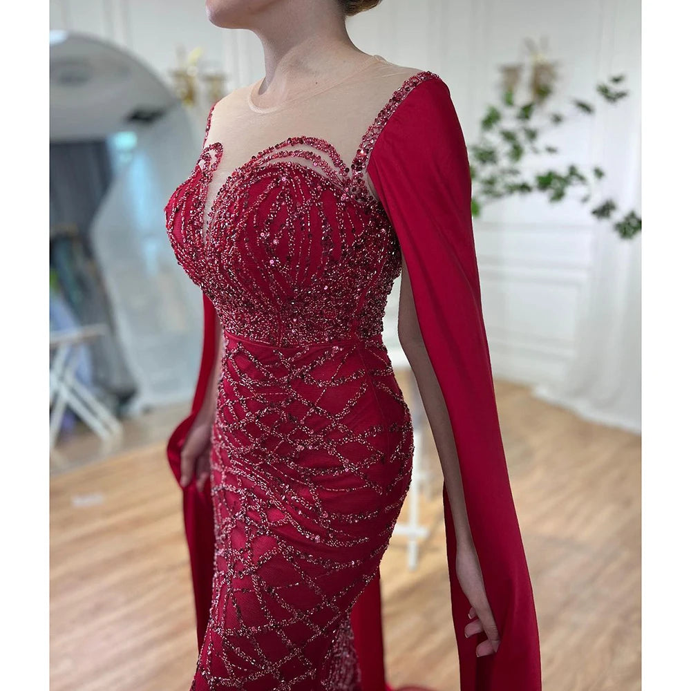 Cape Sleeves Luxury Evening Dresses Gowns Mermaid Beaded Elegant