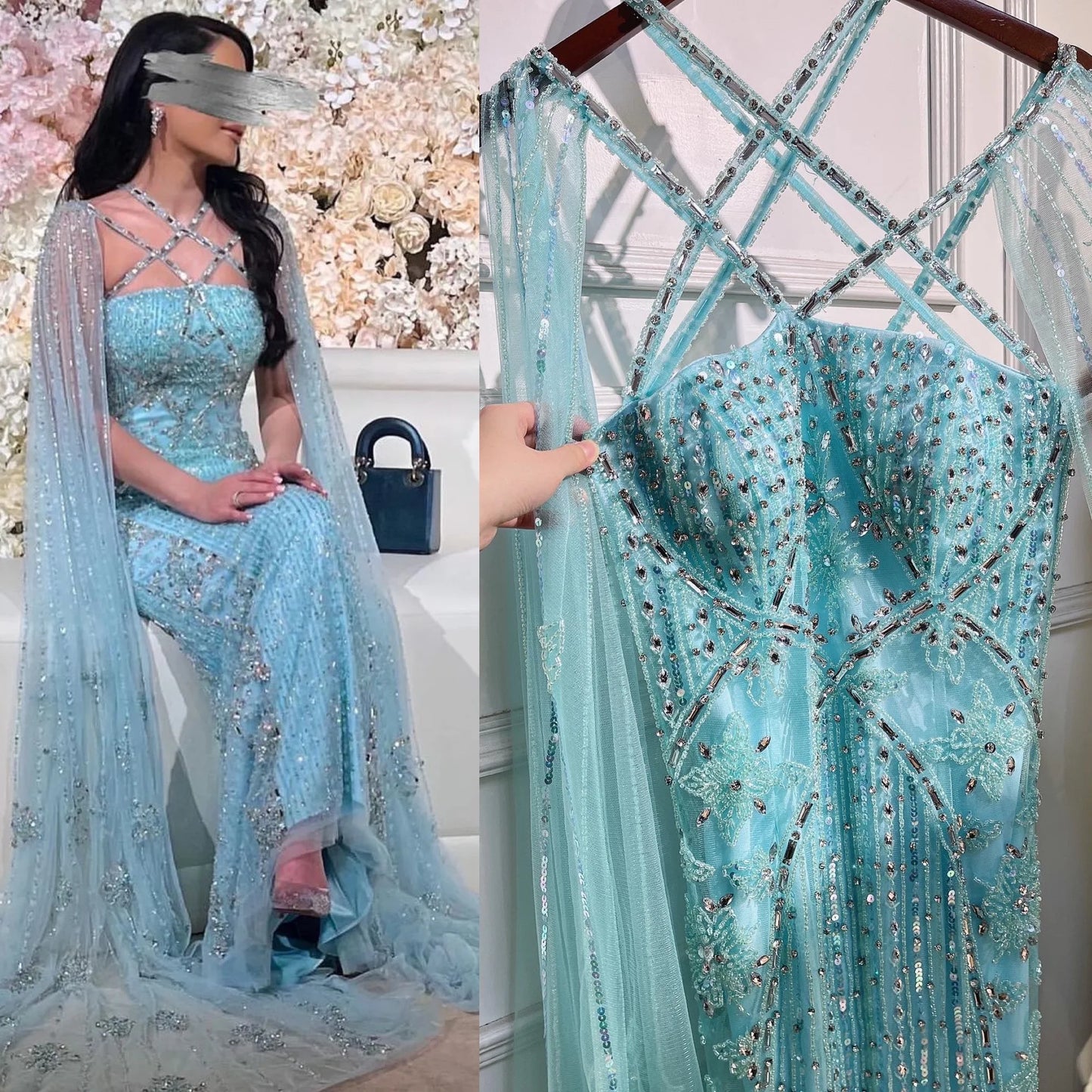 Arabic Luxury Dubai Blue Mermaid Evening Gown with Cape Sleeves