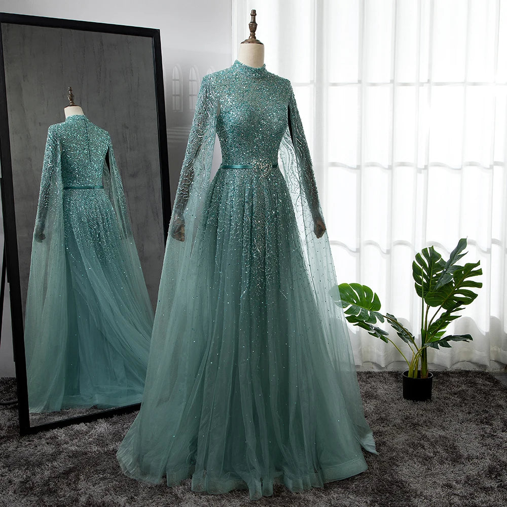 Blue A-Line Evening Dress with High-End Beaded Cape Sleeves