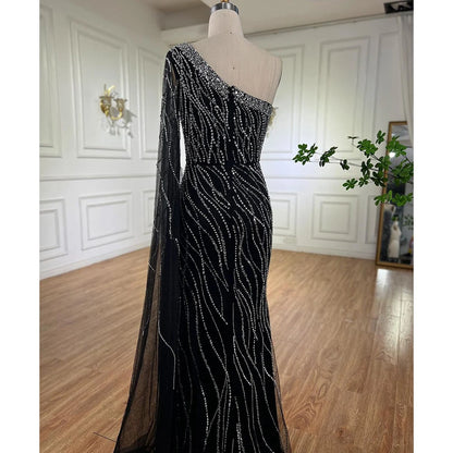 Black Mermaid Evening Gown with Elegant Cape Sleeves