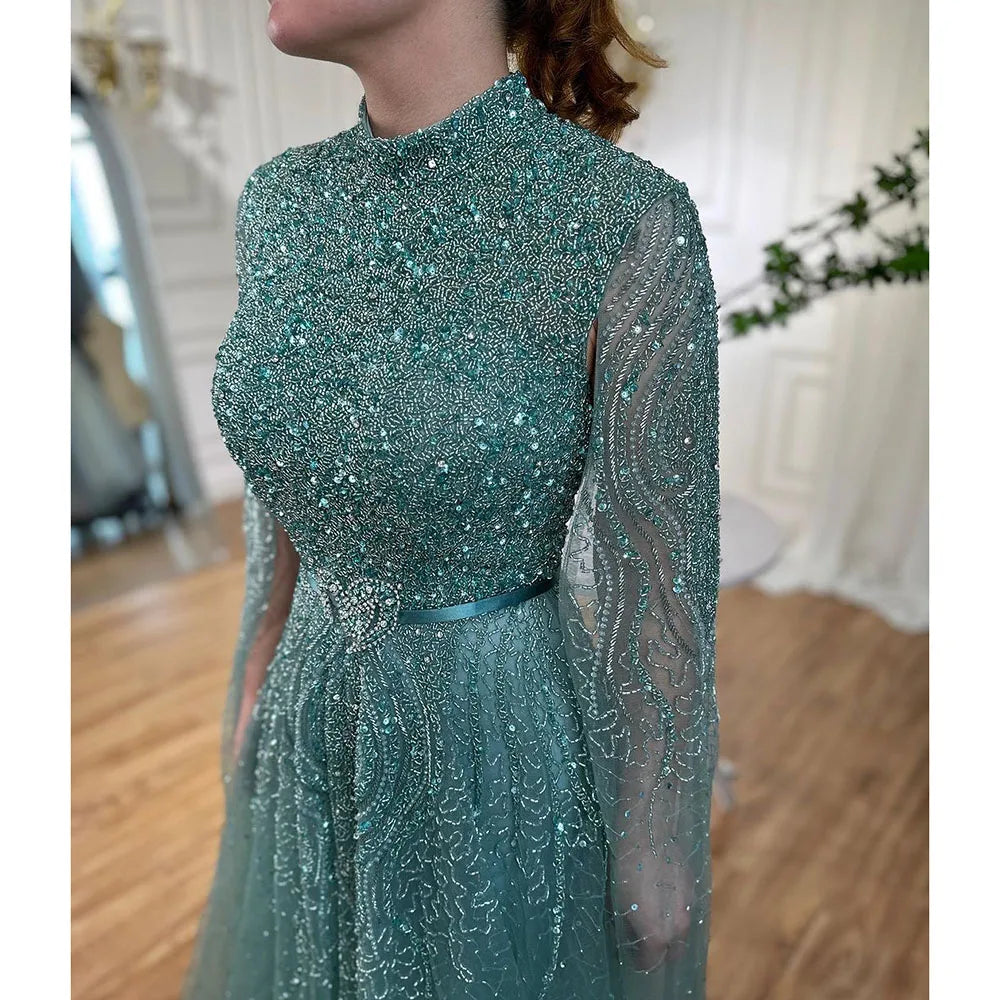 Blue A-Line Evening Dress with High-End Beaded Cape Sleeves