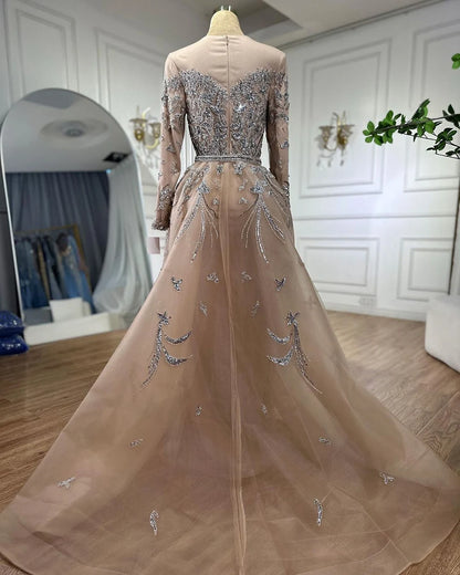 Modest Nude Mermaid Evening Gown with Overskirt and Dubai-Style Beading