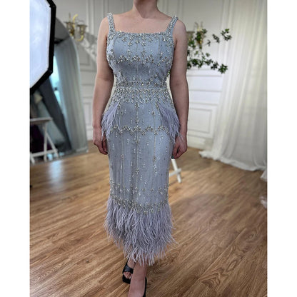 Blue Lace Midi Evening Dress with Luxury Crystal Feathers