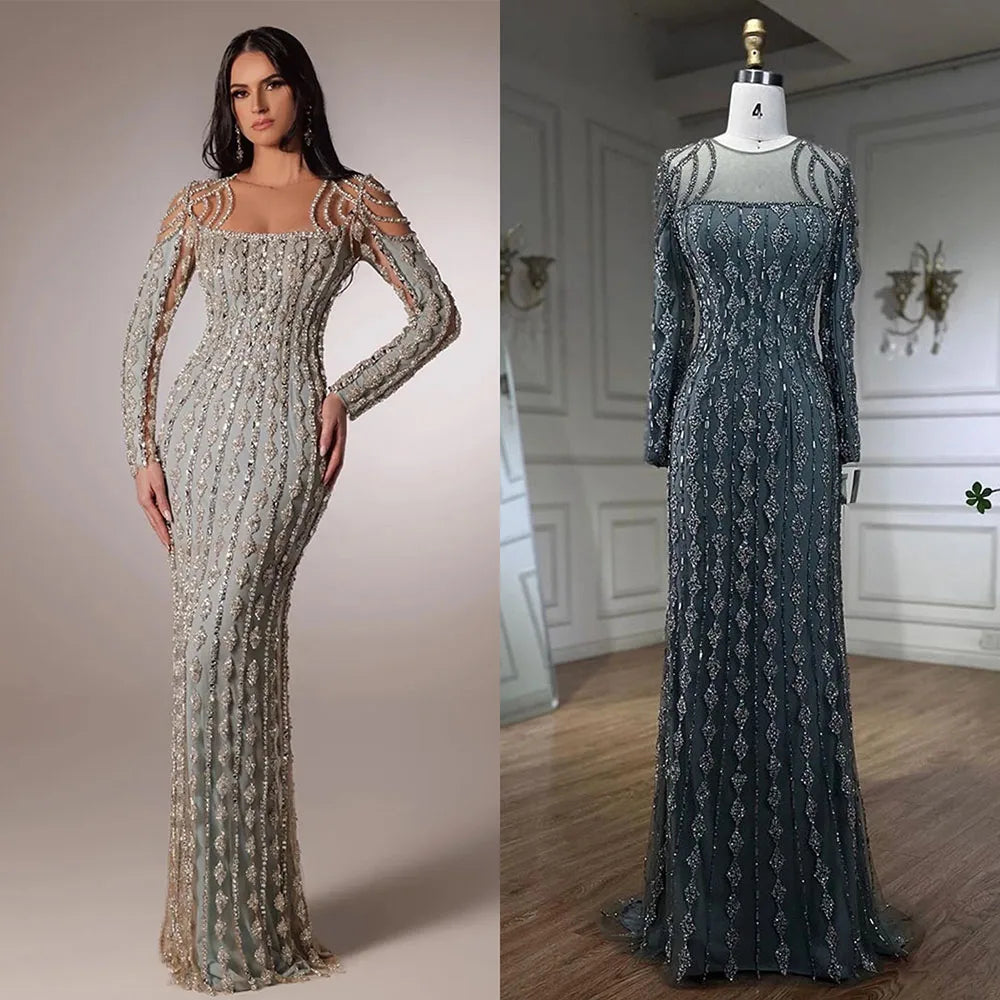 Sirena gris de Arabia: exquisito vestido de noche de lujo con cuentas