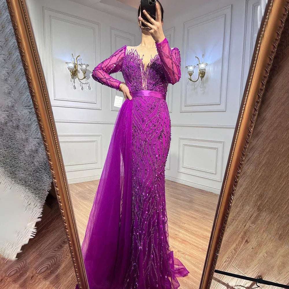 Sirena púrpura elegante con falda de encaje con cuentas vestidos de noche de lujo vestidos para mujer boda