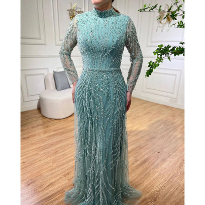 Modest Gold Mermaid Elegant Luxury Evening Dresses Gowns High Neck Beaded