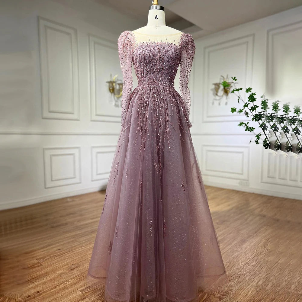 Modest Pink A-Line Beaded Luxury Evening Dress