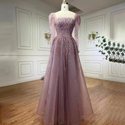 Modest Pink A-Line Beaded Luxury Evening Dress