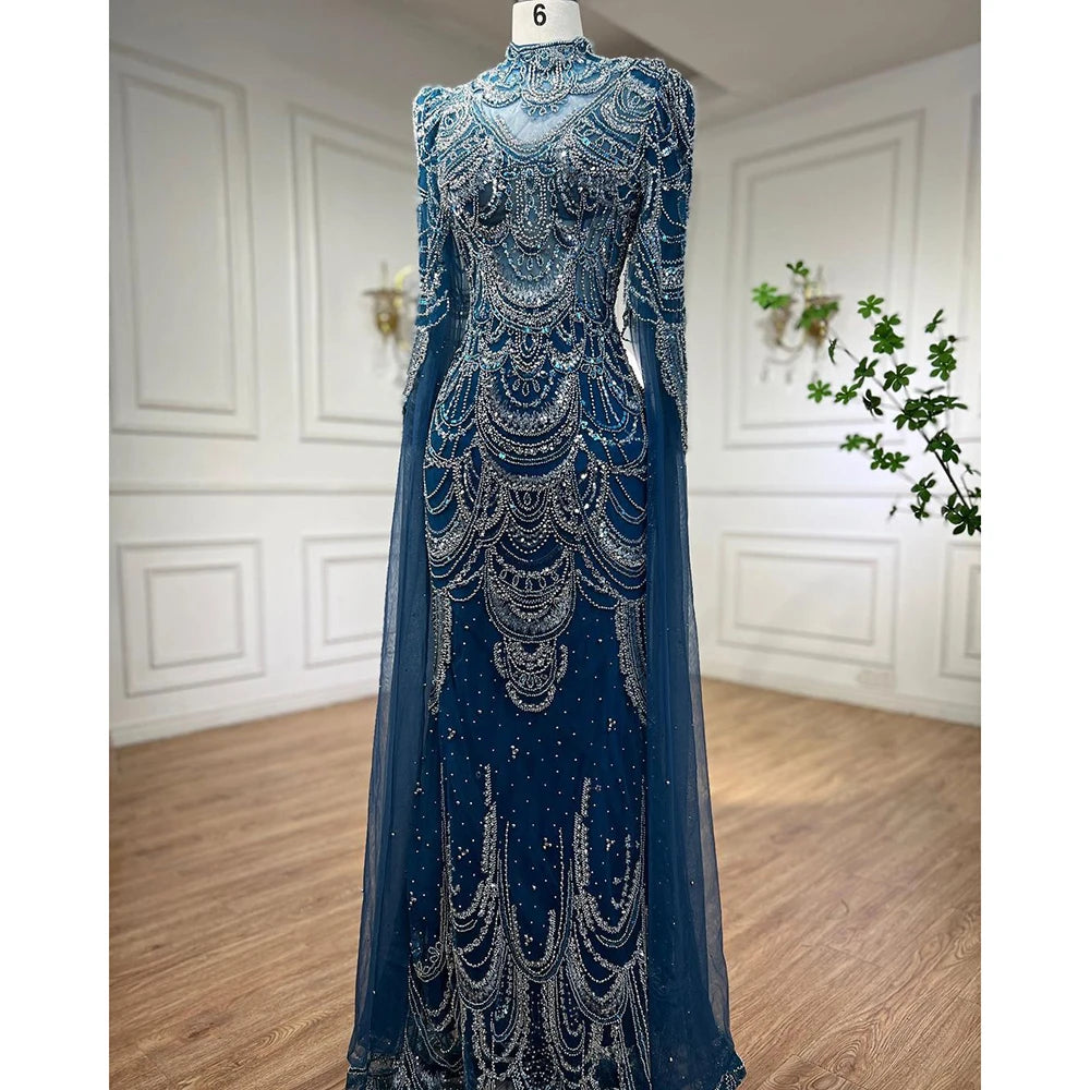 Vestidos de noche formales con cuentas de encaje de sirena azul árabe con capa para mujer vestidos de fiesta de graduación de boda