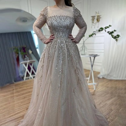 Modest Pink A-Line Beaded Luxury Evening Dress