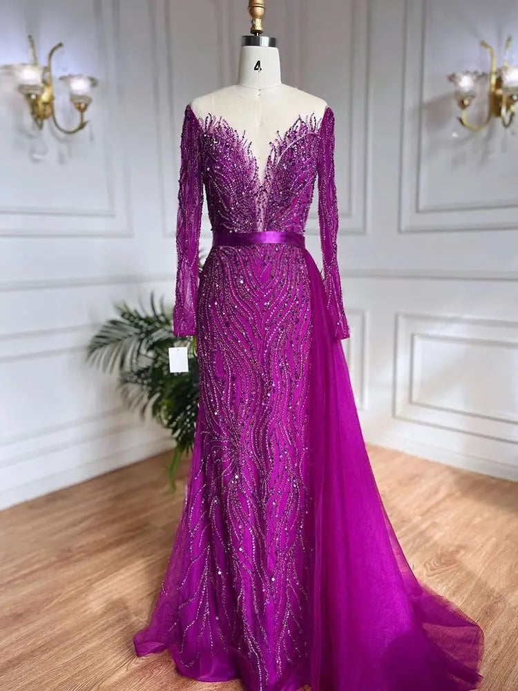 Sirena púrpura elegante con falda de encaje con cuentas vestidos de noche de lujo vestidos para mujer boda