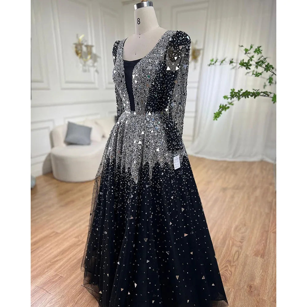 Luxury Modest Black A-Line Evening Gown with Sequined Beading