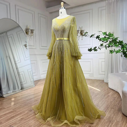 Golden Sands: Arabic Yellow A-Line Beaded Luxury Evening Dress