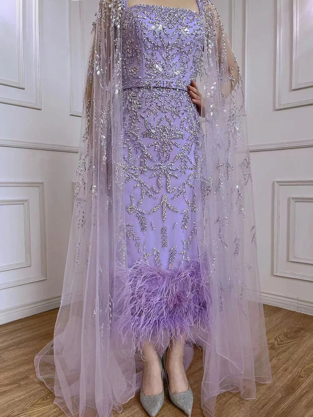 Elegant Lilac Mermaid Ankle-Length Midi Evening Dress with Feather Cape