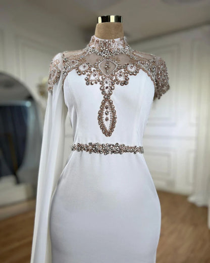 Ivory High Neck Cape Sleeve Mermaid Evening Dresses Beaded Elegant Gowns