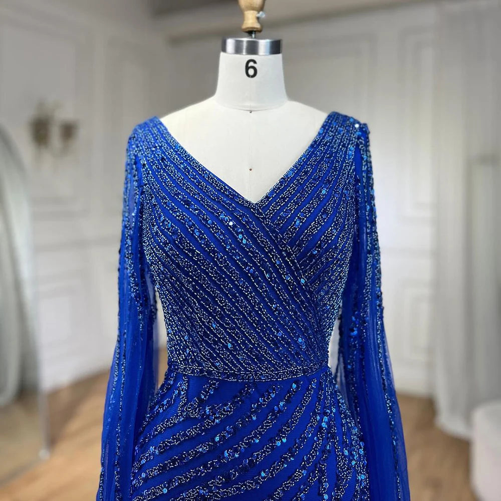 Vestido de noche de lujo con mangas de capa elegante con cuentas azules de sirena árabe para mujer fiesta de boda