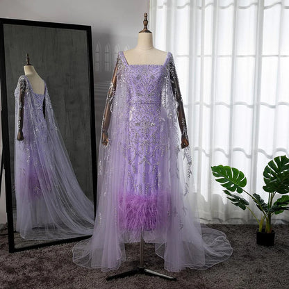 Elegant Lilac Mermaid Ankle-Length Midi Evening Dress with Feather Cape