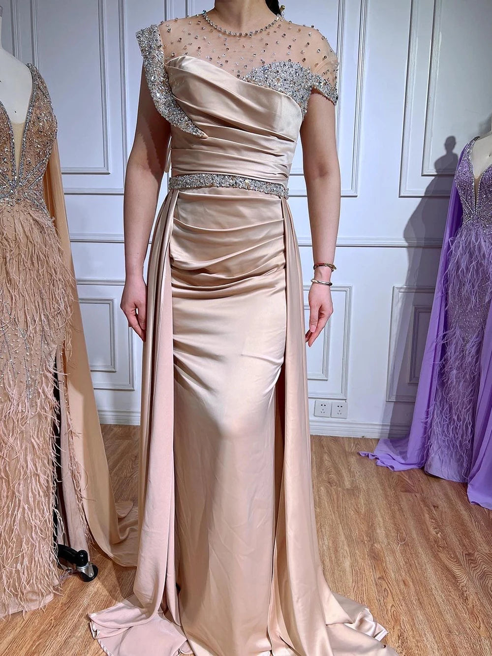 Selene  Arabic Nude Mermaid Elegant Satin With Overskirt Evening Dresses Gowns Luxury Beaded