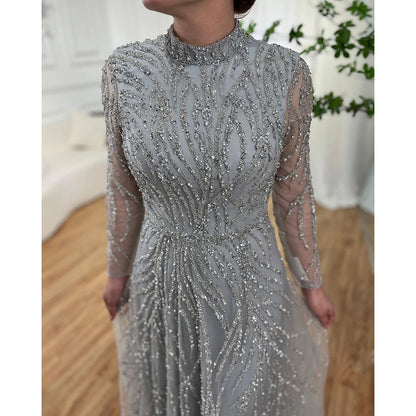 Modest Gold Mermaid Elegant Luxury Evening Dresses Gowns High Neck Beaded