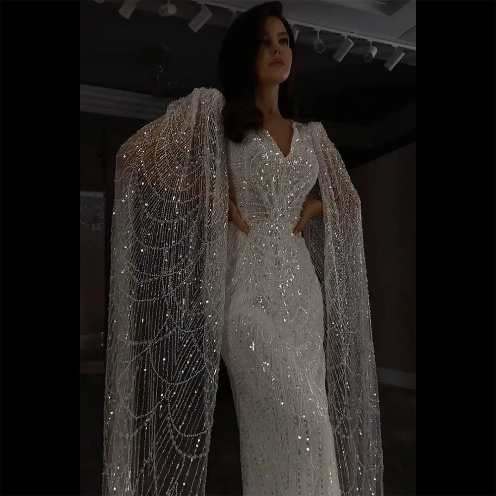 White Luxury Pearls Beaded Mermaid Evening Gown with Cape Sleeves