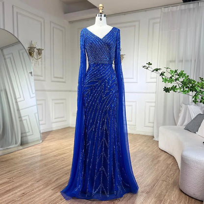 Modest Blue Mermaid Evening Gown with Luxury Beading