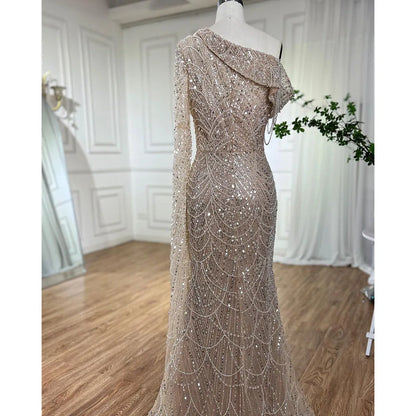 Elegant Nude Mermaid Evening Gown with One Shoulder Pearls