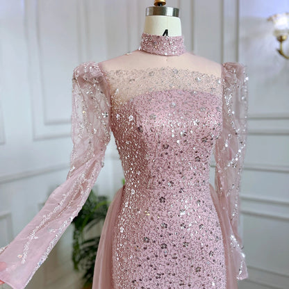 Modest Pink Long Sleeve High Neck Luxury Sequined Mermaid Evening Dresses Gowns Elegant