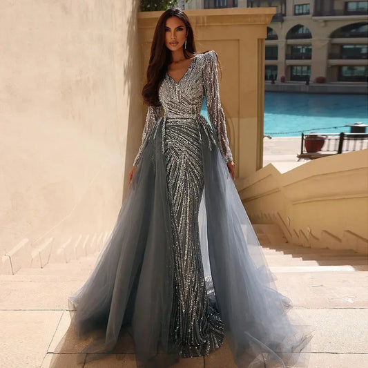 Luxury Blue Modest Mermaid Evening Dress with Detachable Skirt