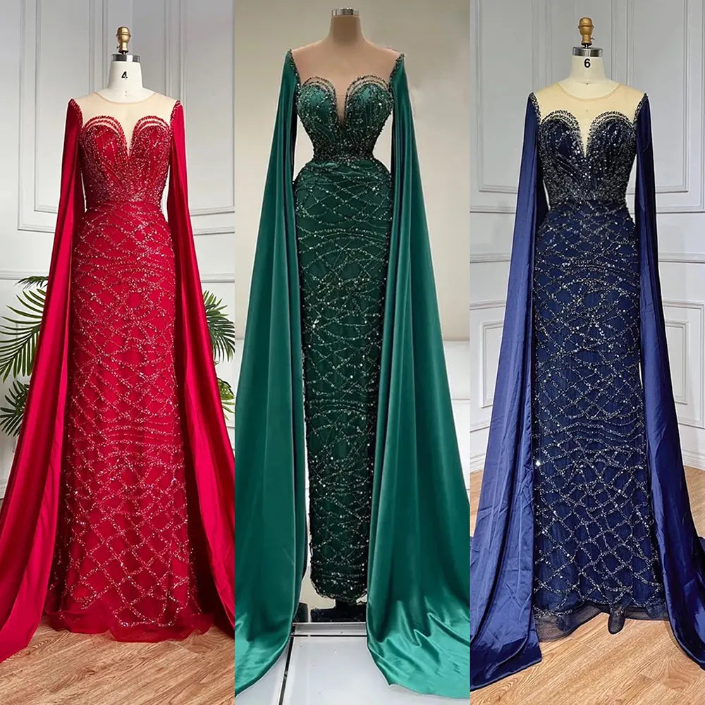 Cape Sleeves Luxury Evening Dresses Gowns Mermaid Beaded Elegant