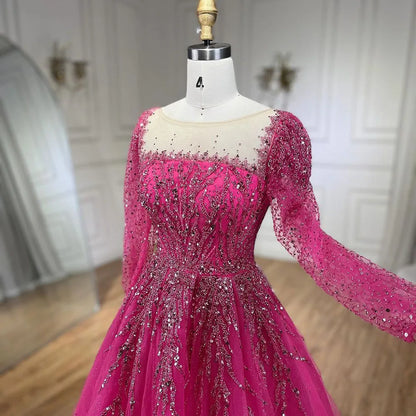 Modest Pink A-Line Beaded Luxury Evening Dress