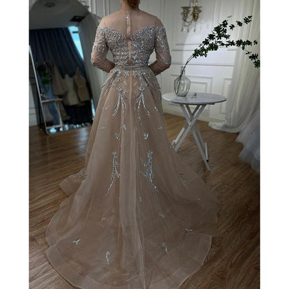 Modest Nude Mermaid Evening Gown with Overskirt and Dubai-Style Beading