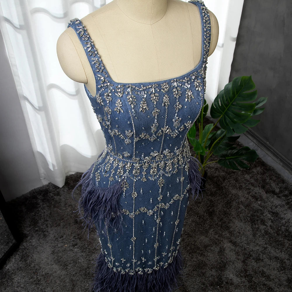 Blue Lace Midi Evening Dress with Luxury Crystal Feathers