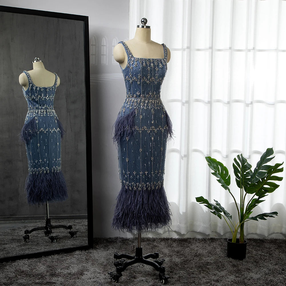 Blue Lace Midi Evening Dress with Luxury Crystal Feathers