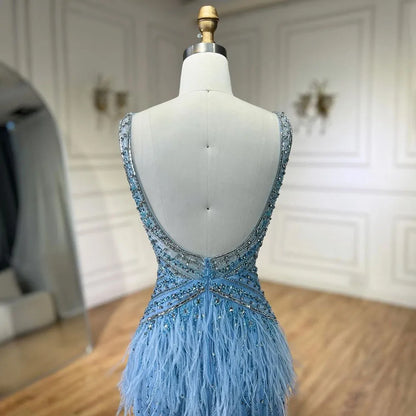 Arabic Blue Mermaid Evening Gown with Cape and Feather Beading