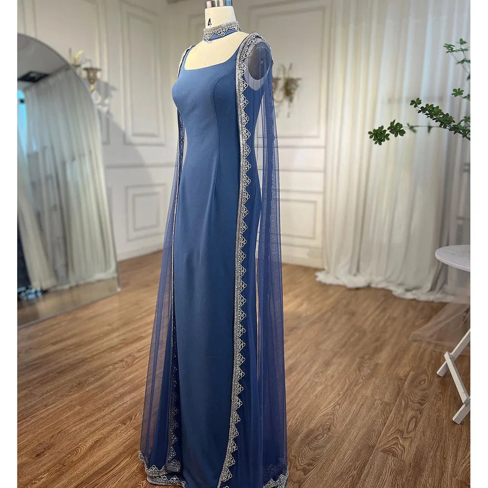 Blue Cape Sleeves Luxury Evening Dresses Gowns Mermaid Beaded Elegant