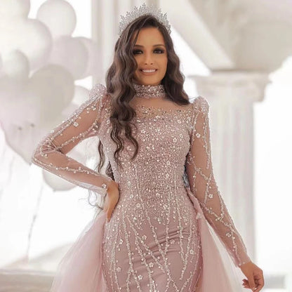 Modest Pink Long Sleeve High Neck Luxury Sequined Mermaid Evening Dresses Gowns Elegant