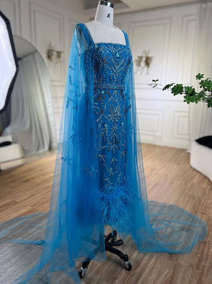 Blue Mermaid Ankle-Length Feather Beaded Evening Dress with Cape