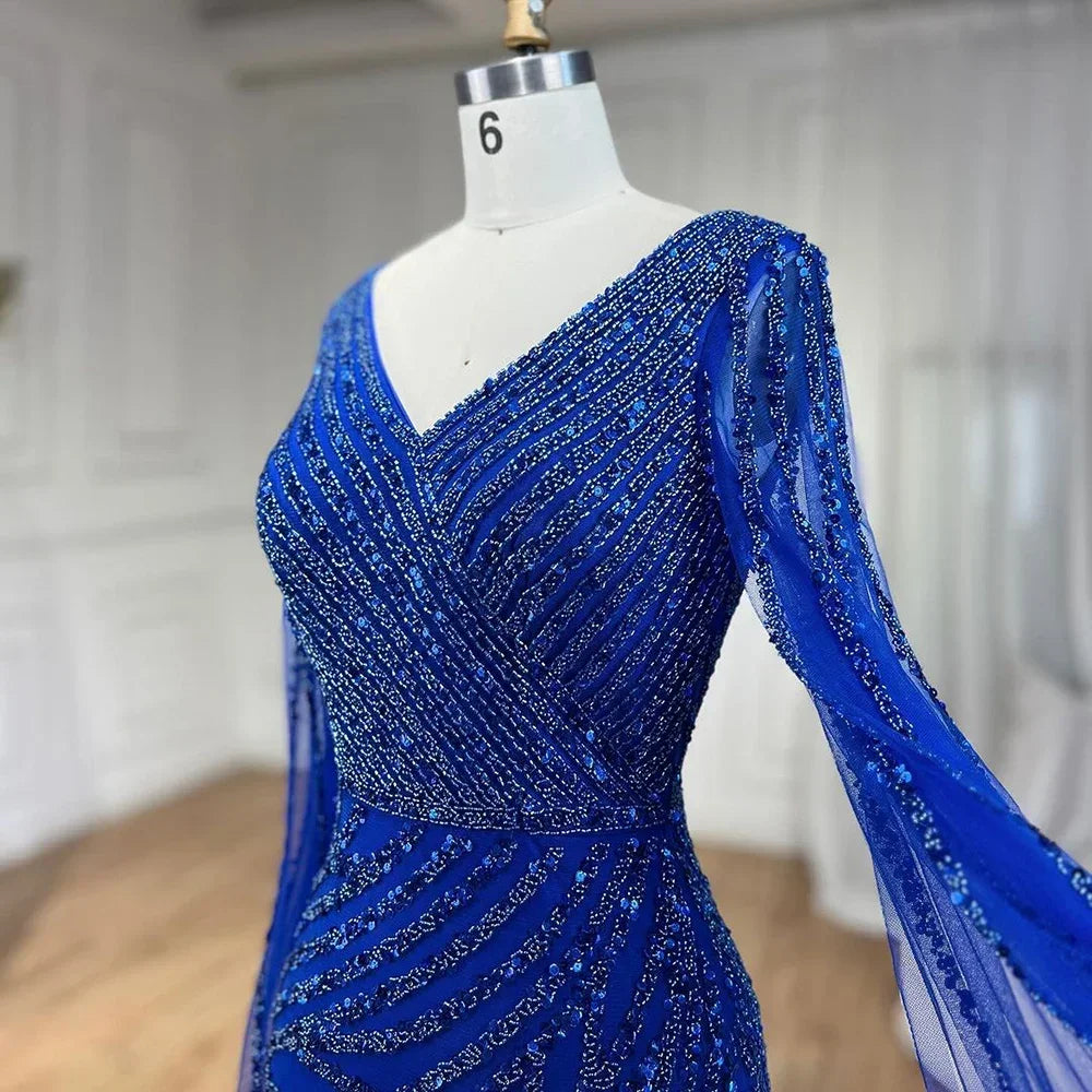 Vestido de noche de lujo con mangas de capa elegante con cuentas azules de sirena árabe para mujer fiesta de boda