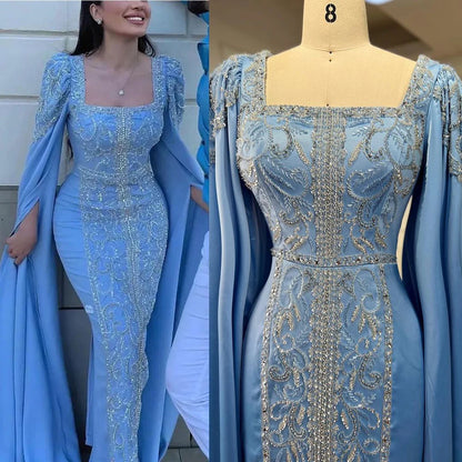 Blue Modest Elegant Mermaid Cape Sleeves Evening Dresses Arabic Beaded Gowns