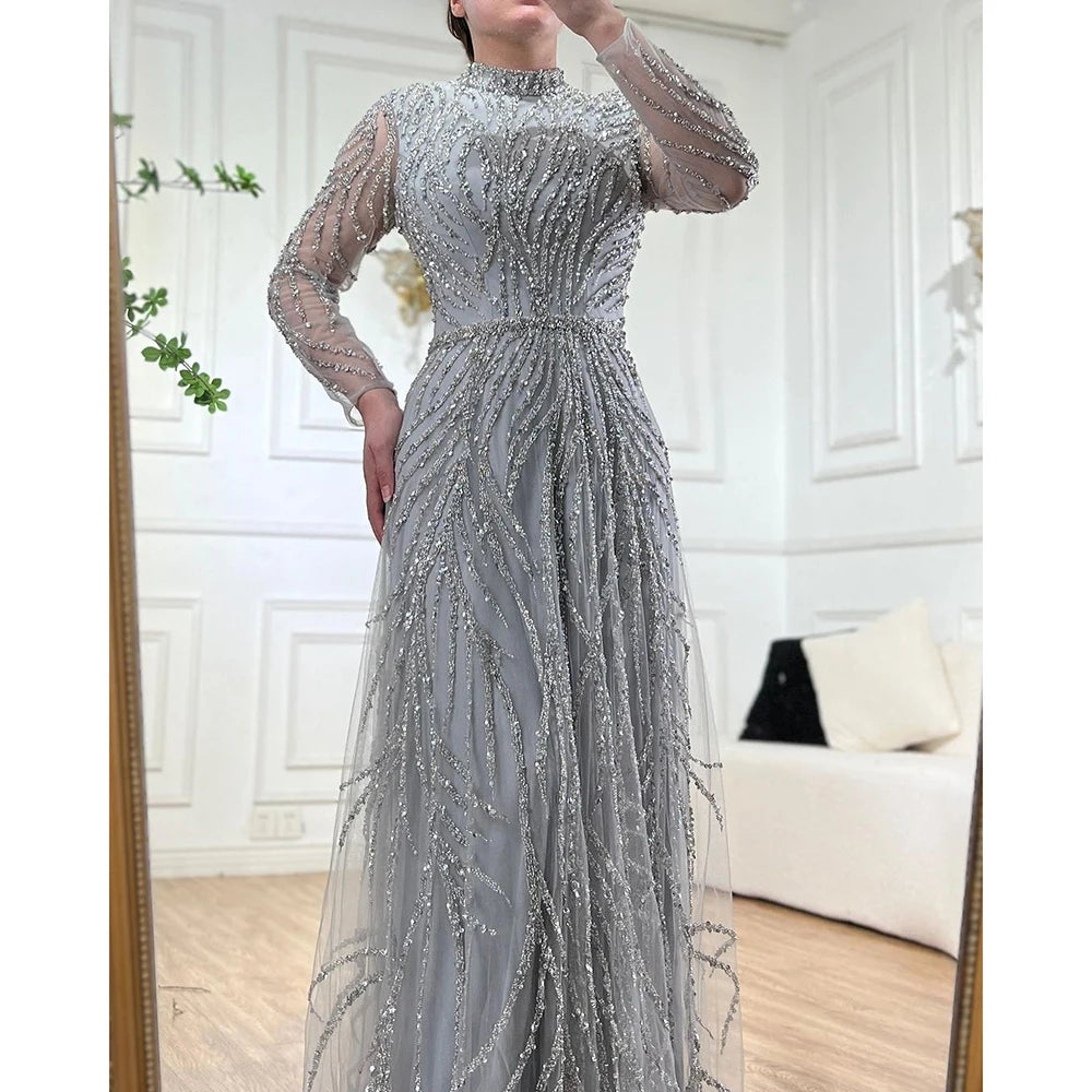 Modest Gold Mermaid Elegant Luxury Evening Dresses Gowns High Neck Beaded