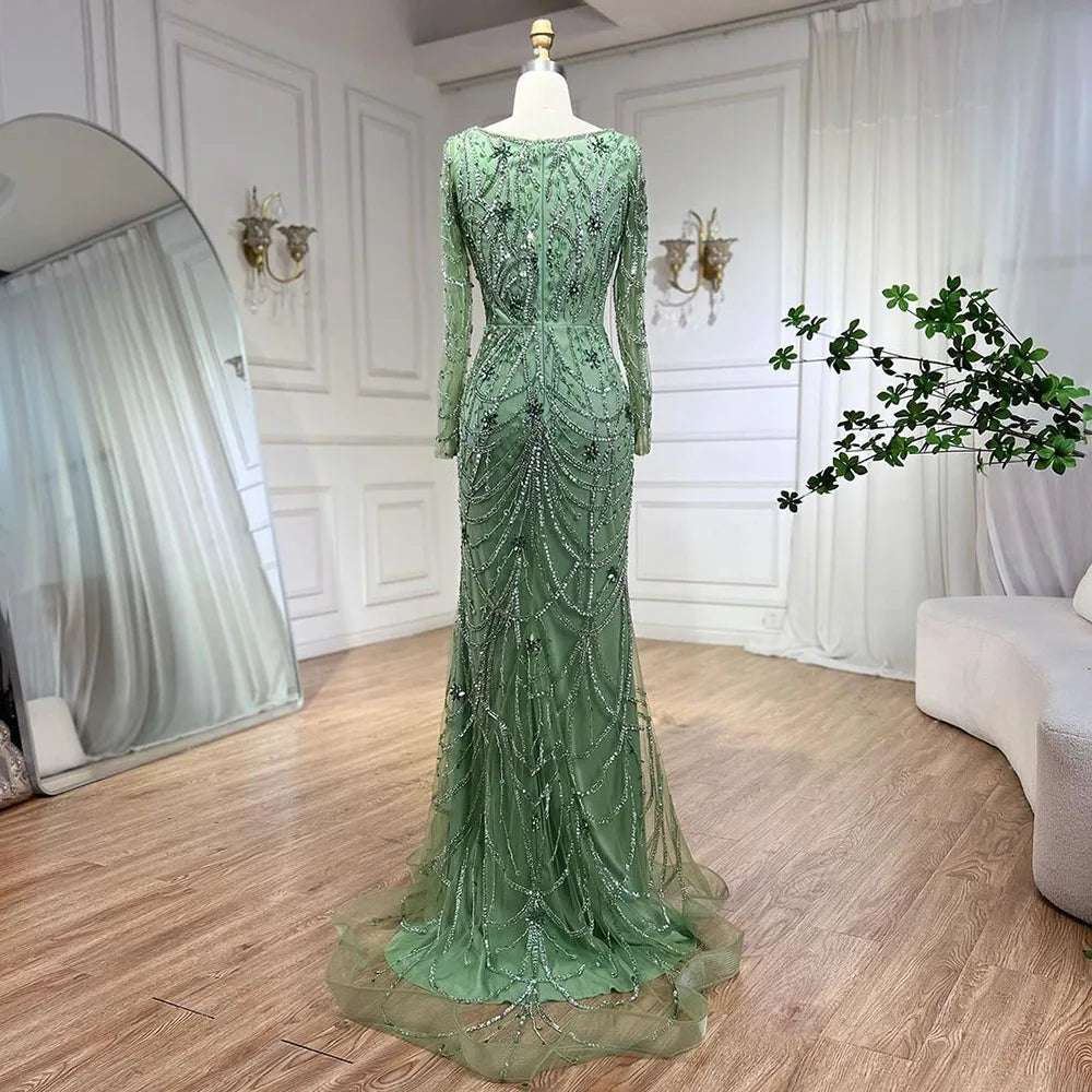 Luxury Dubai-Style Green Mermaid Evening Dress with Crystal Beading