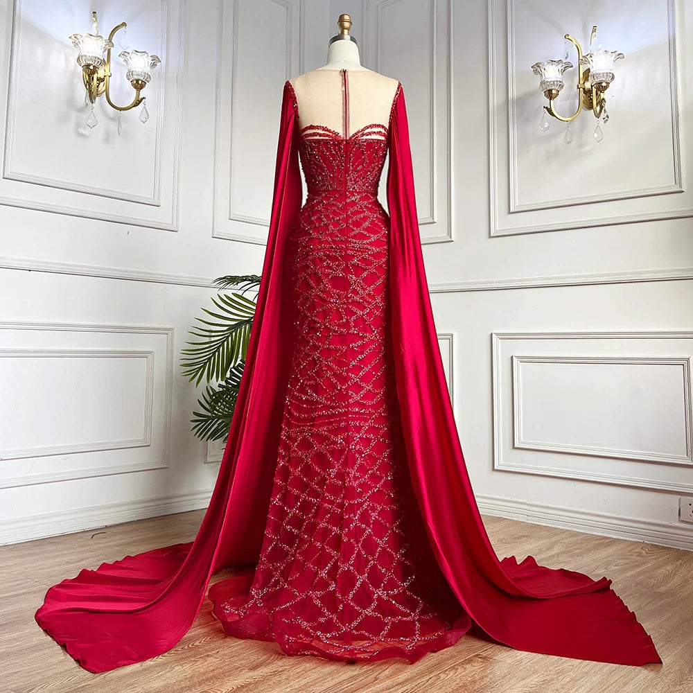 Cape Sleeves Luxury Evening Dresses Gowns Mermaid Beaded Elegant